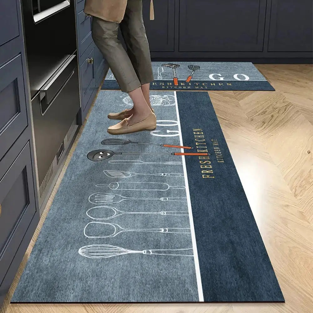 Non-slip kitchen mat long blue crystal velvet rug by Simples Market; absorbent foot mat for kitchen and living areas