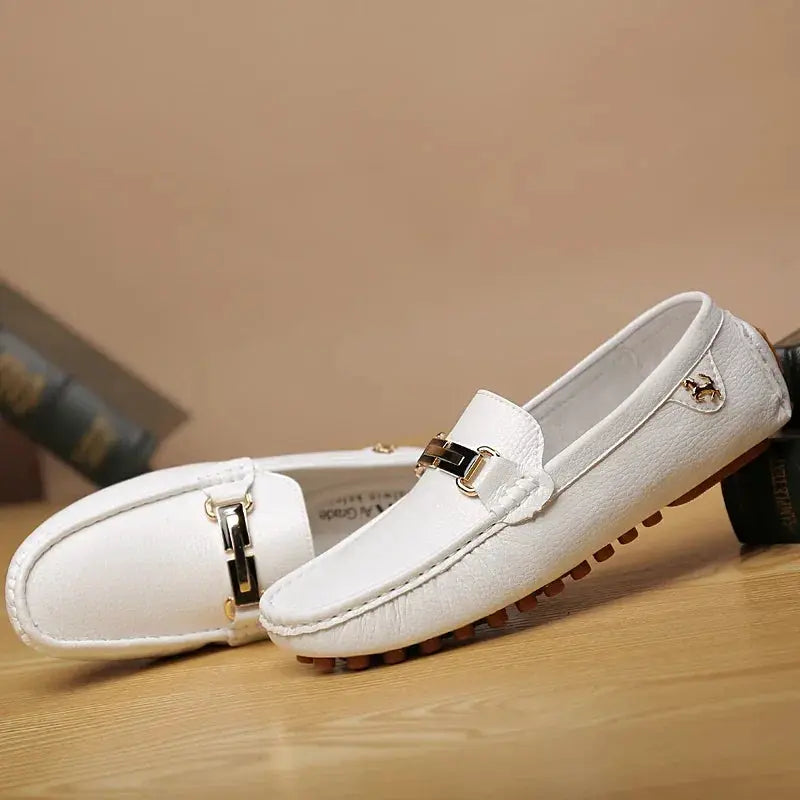 Two white PU leather loafers for men with gold-tone buckle, slip-on driving moccasins.