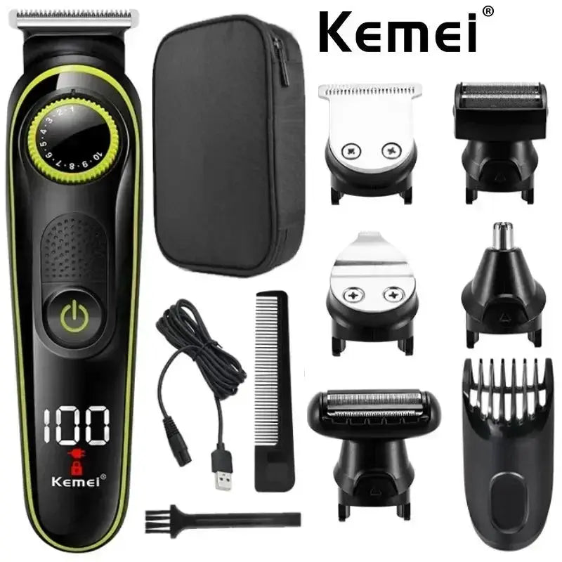 Kemei KM-696 multifunctional hair clipper kit in black with lime accents, includes travel case and multiple attachments