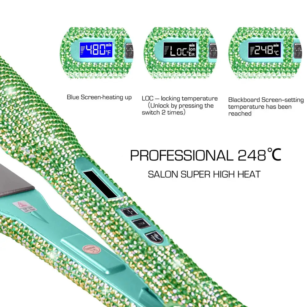 Rhinestone flat iron by Simples Market, dual-voltage, emerald-green body, 2-inch titanium plates, LCD display