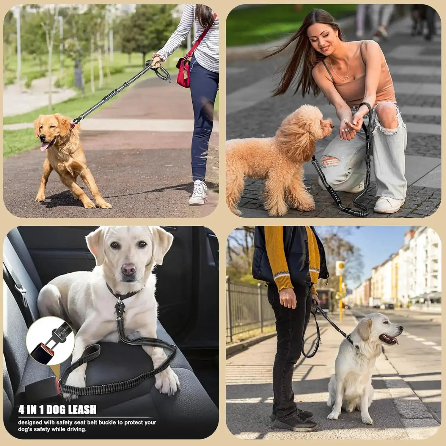 Simples Market reflective 4-in-1 shock-absorbing dog leash for large dogs; heavy-duty bungee, car-seatbelt style, black.