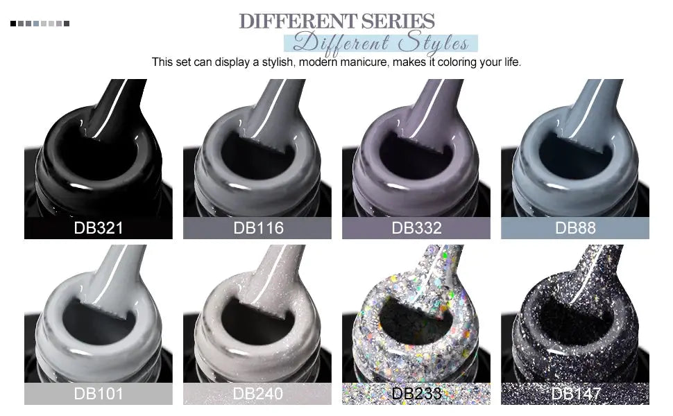 Gel nail polish set with 8 bottles in black, gray, lavender, blue-gray and glitter finishes