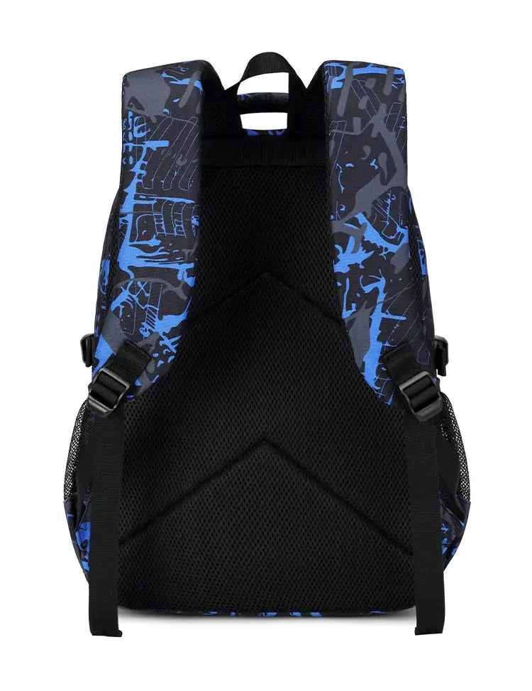Simples Market boys' backpack with blue/black camo pattern; padded mesh back and shoulder straps.