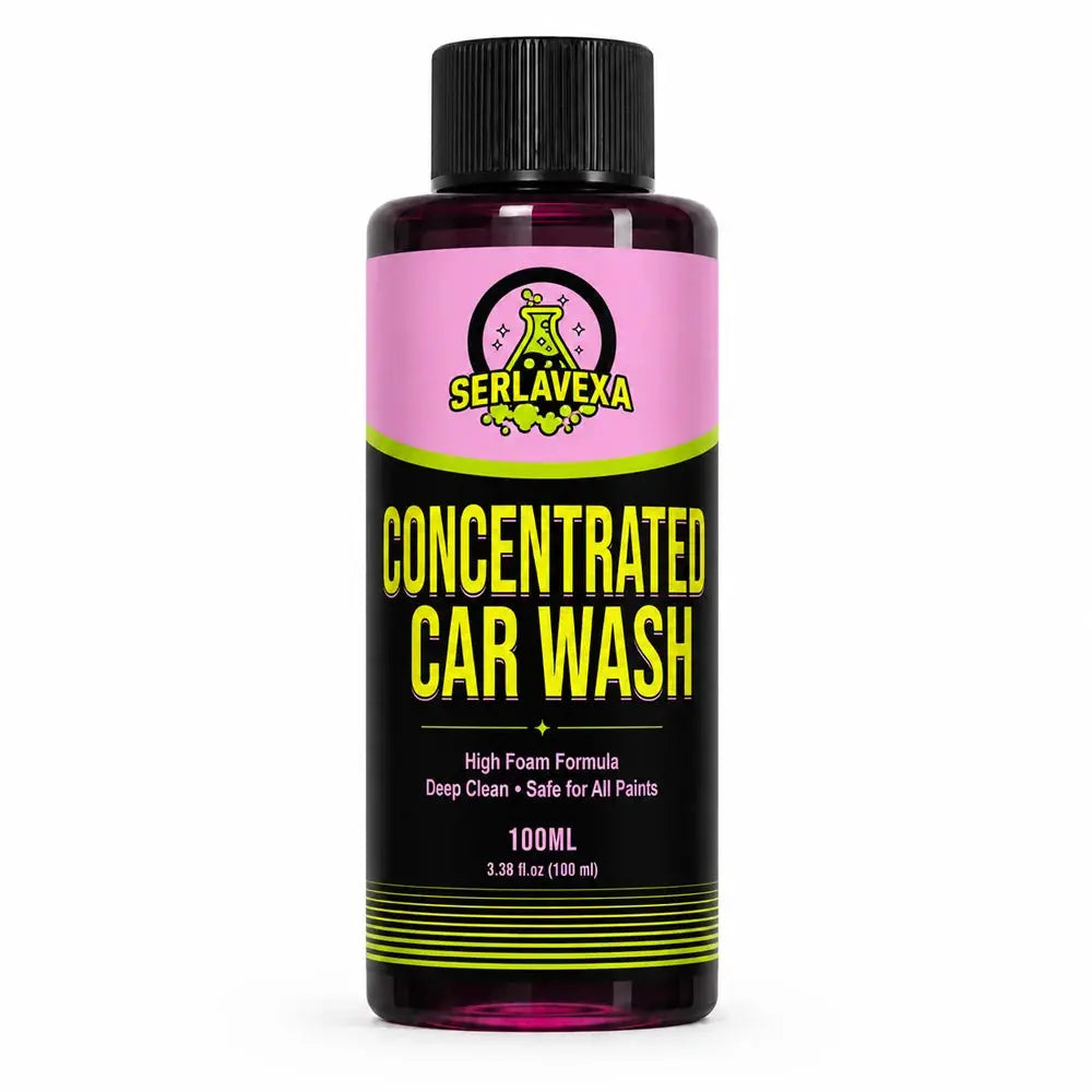 Concentrated Car Wash Liquid bottle by SERLAVEXA, pink label, 100 ml, high-foam formula