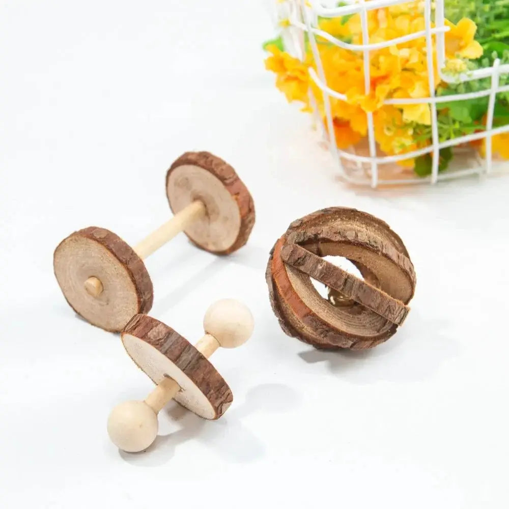 Small animal chew toy set, three-piece, natural pine wood with dumbbell wheels and braided ball.