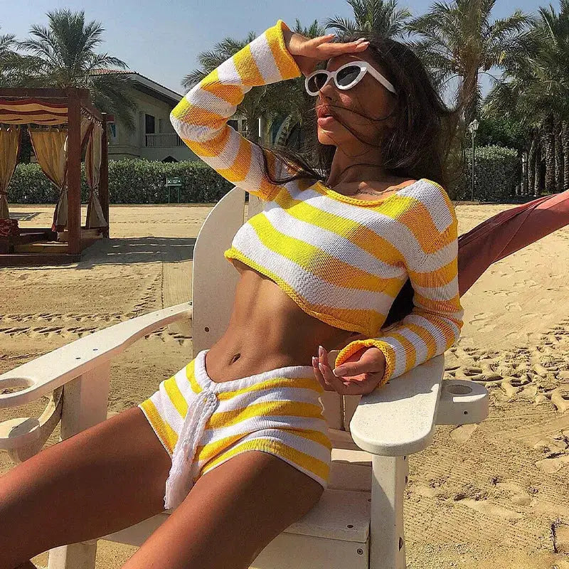 Striped Knit Two Piece Set Off Shoulder Top and Shorts Casual Fashion