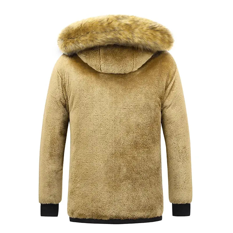 Men's tan fleece hooded parka jacket with faux fur collar