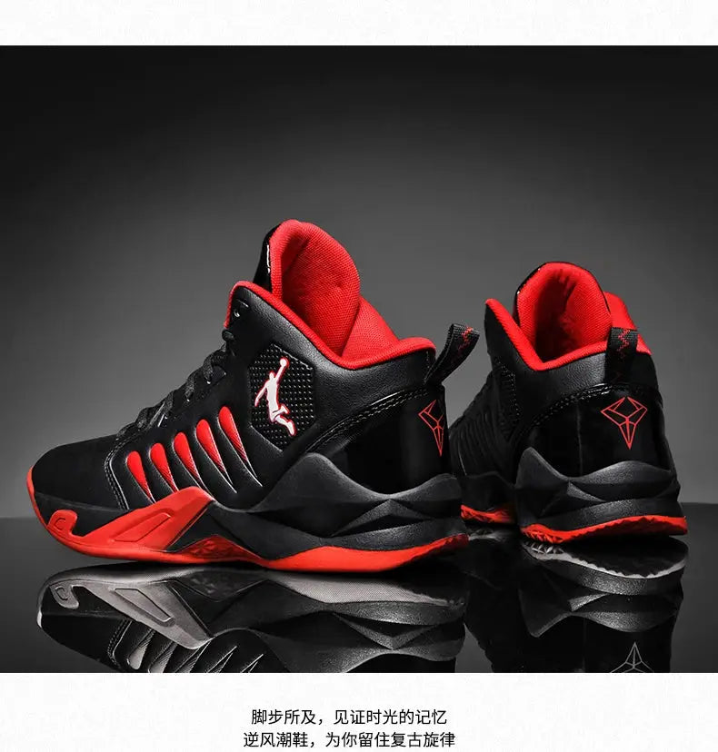 Simples Market black and red men's athletic sneakers, high-top pair with breathable lining and logo.