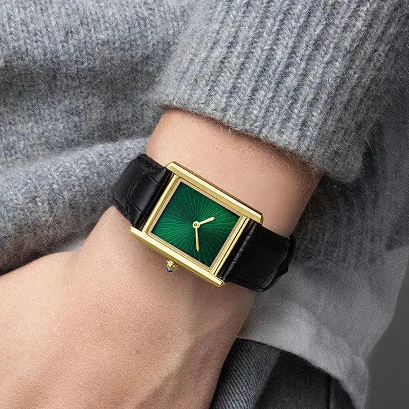 New Classic Square Watch by Simples Market with green dial and black leather strap
