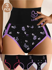 Simples Market 3-pack: high-waisted tummy-control briefs in black with lavender trim and floral-butterfly print; LOVE logo.