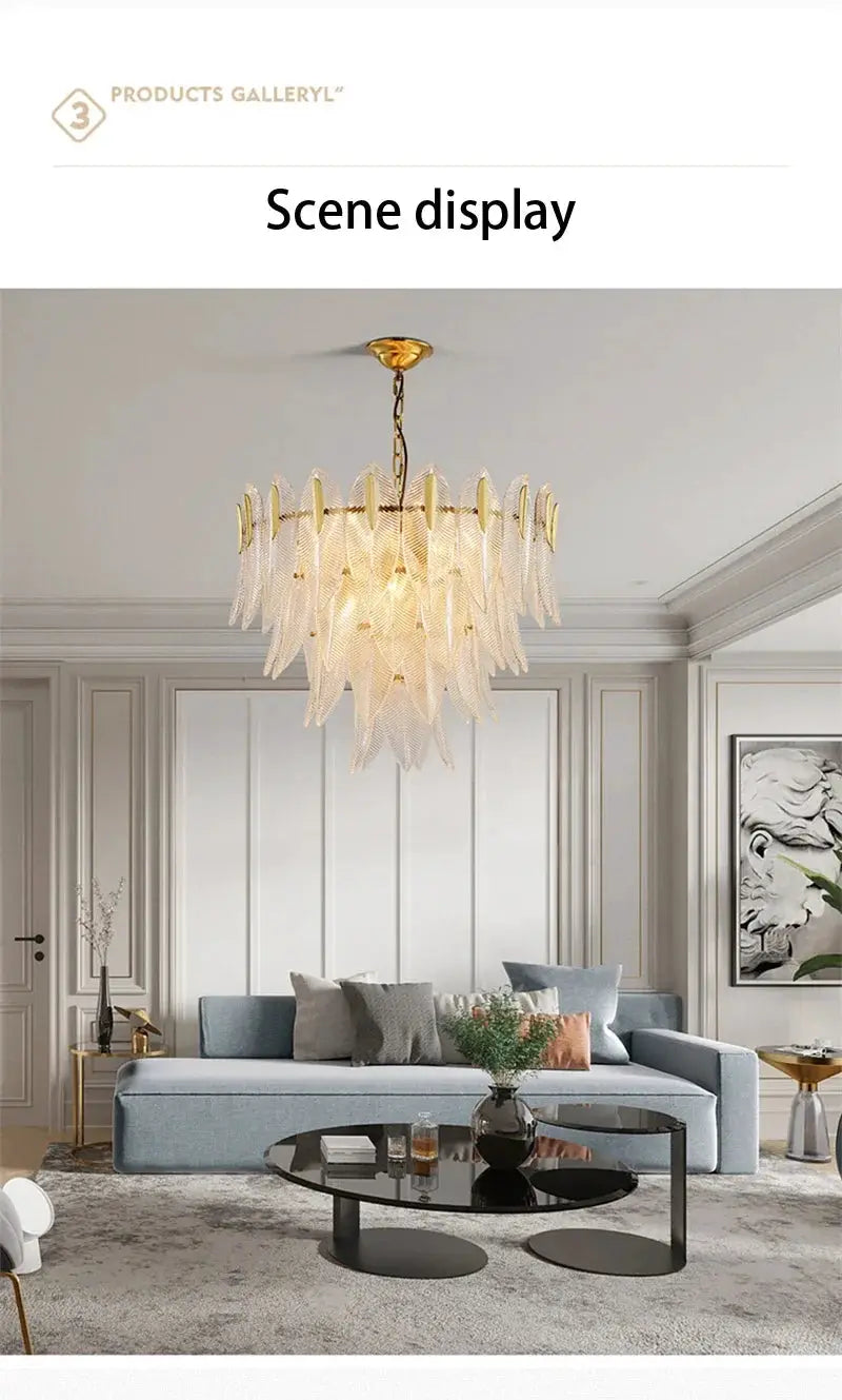 French Romantic personalized glass chandelier pendant lamp by Simples Market, with clear glass petals and gold chain.