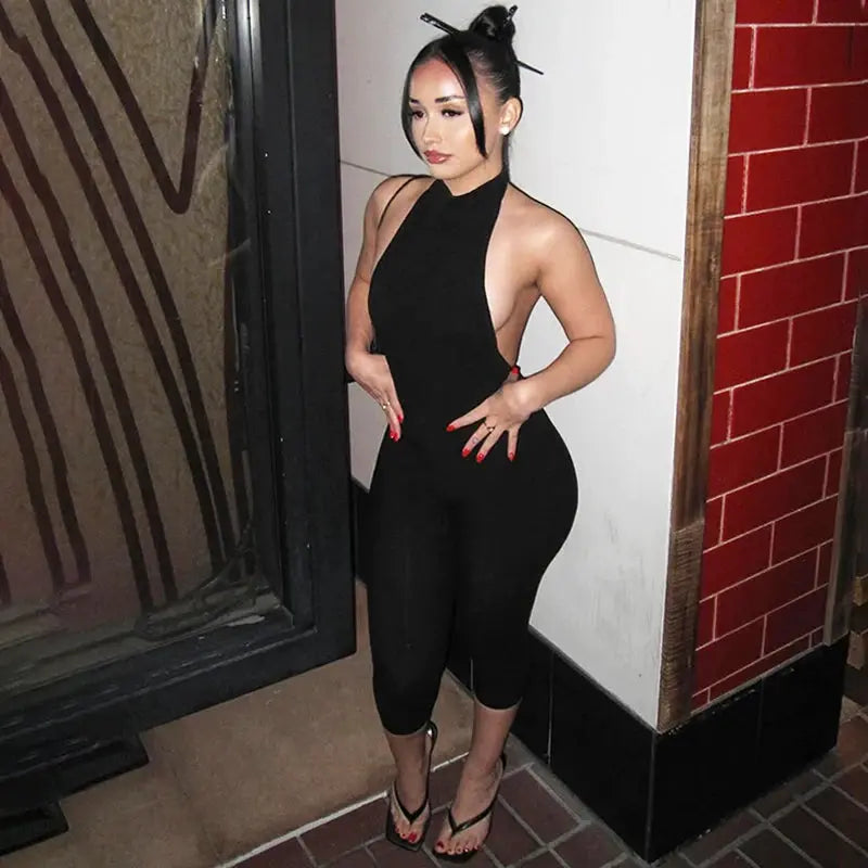 Hugcitar ribbed halter backless black bodycon jumpsuit by Simples Market
