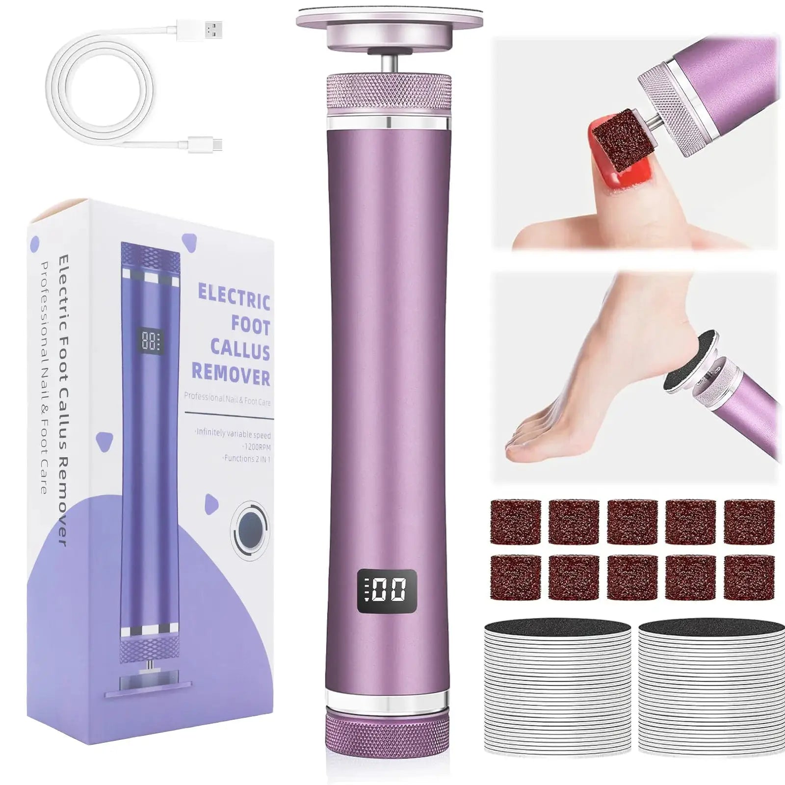 Simples Market USB rechargeable electric foot callus remover in purple with charging cable and 60 sandpaper discs
