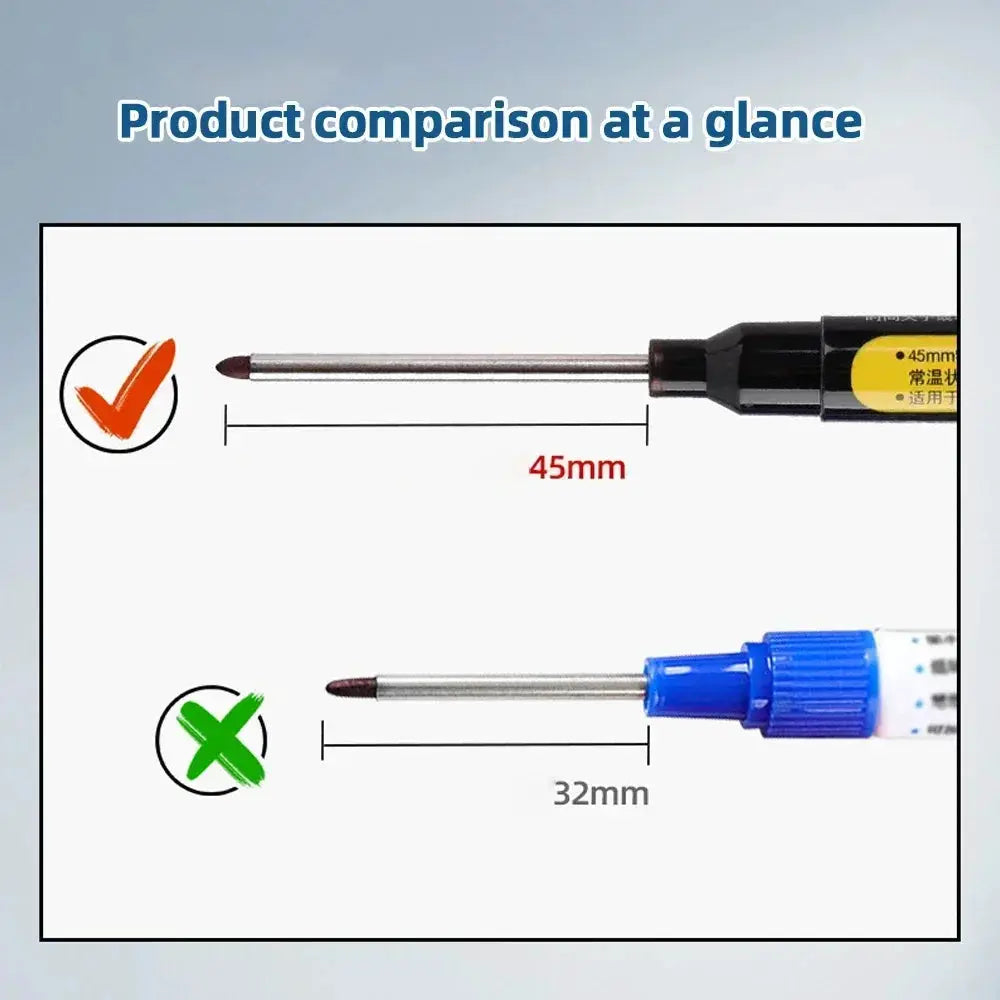 Two deep-hole marker pens by Simples Market, long-nib waterproof pens in red/black and blue for woodworking
