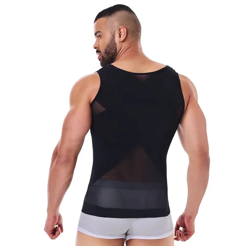 Men's shapewear tank top 3XL with cross mesh panels, black breathable sleeveless compression undershirt
