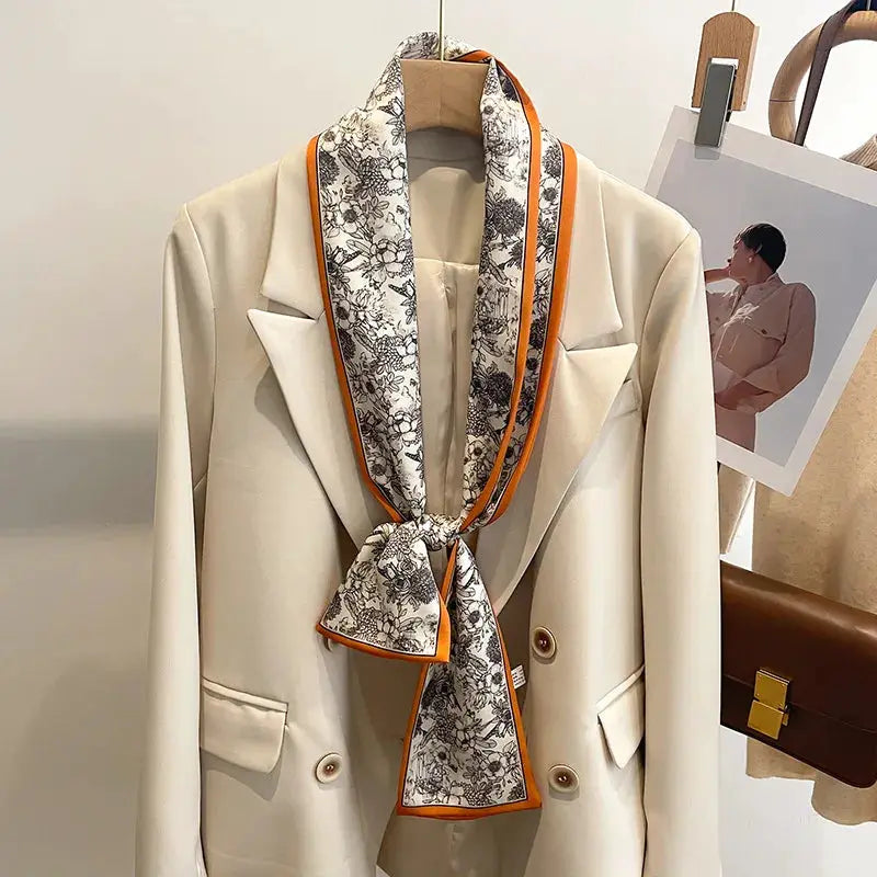 LuxeSilk Silk Feel Printed Design Scarf Versatile Long Narrow Silk Shawl For Fashionable Styles