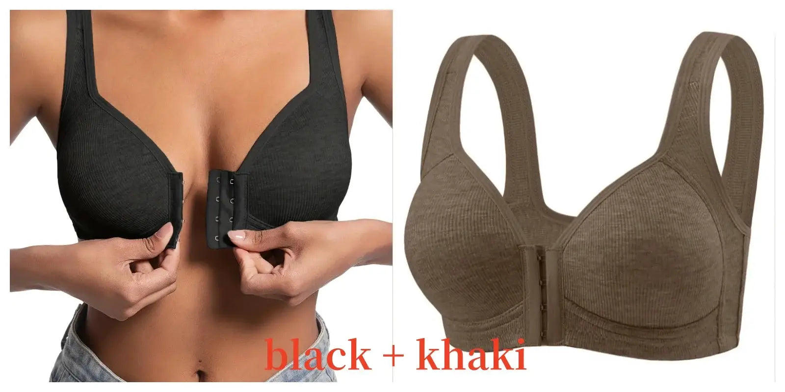 Simples Market women's wire-free front-closure bra in black and khaki; full-coverage solid-color design.