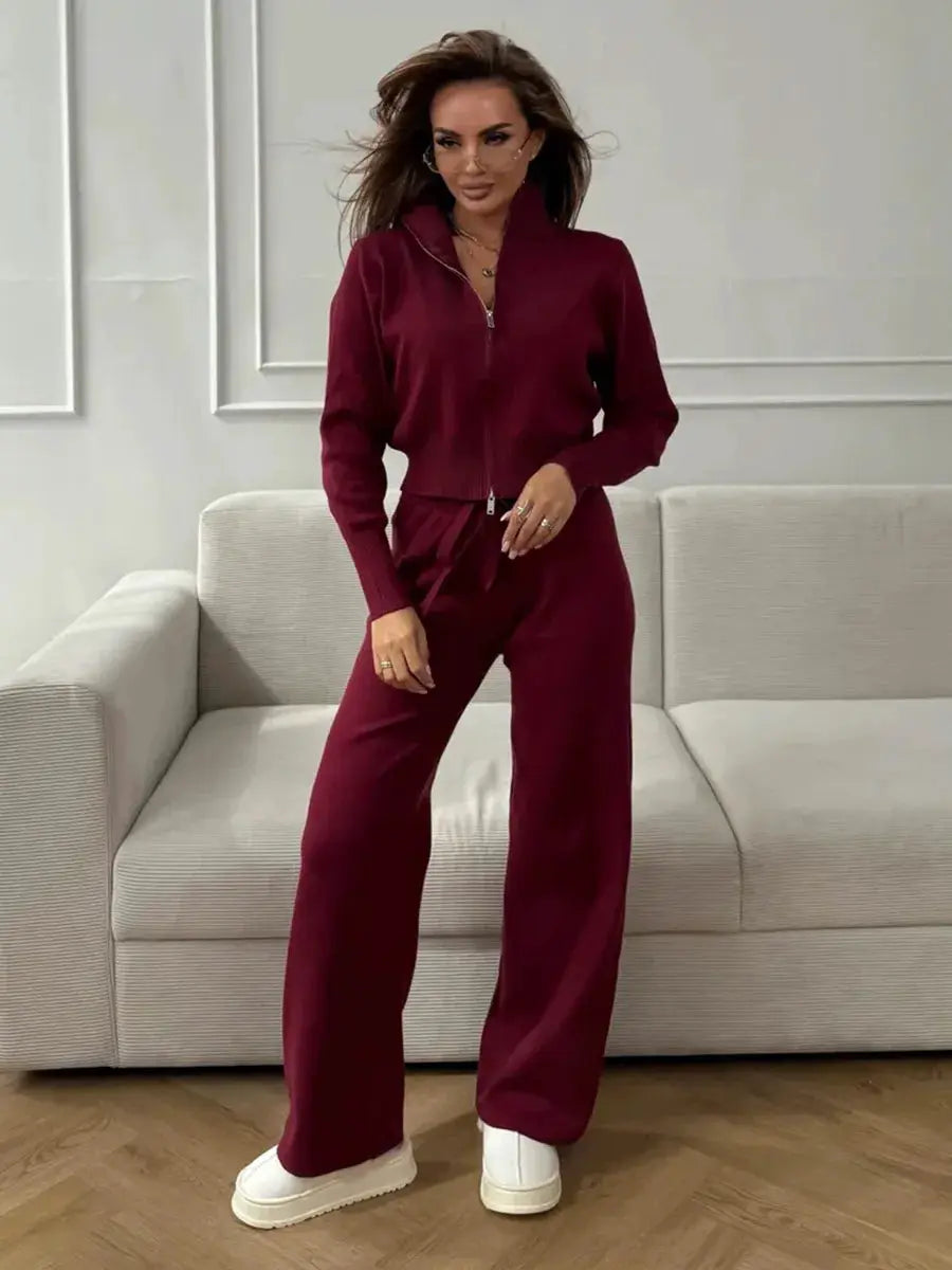 Bornladies Knit Zip Up Cropped Cardigan With Wide Leg Pants Set Women