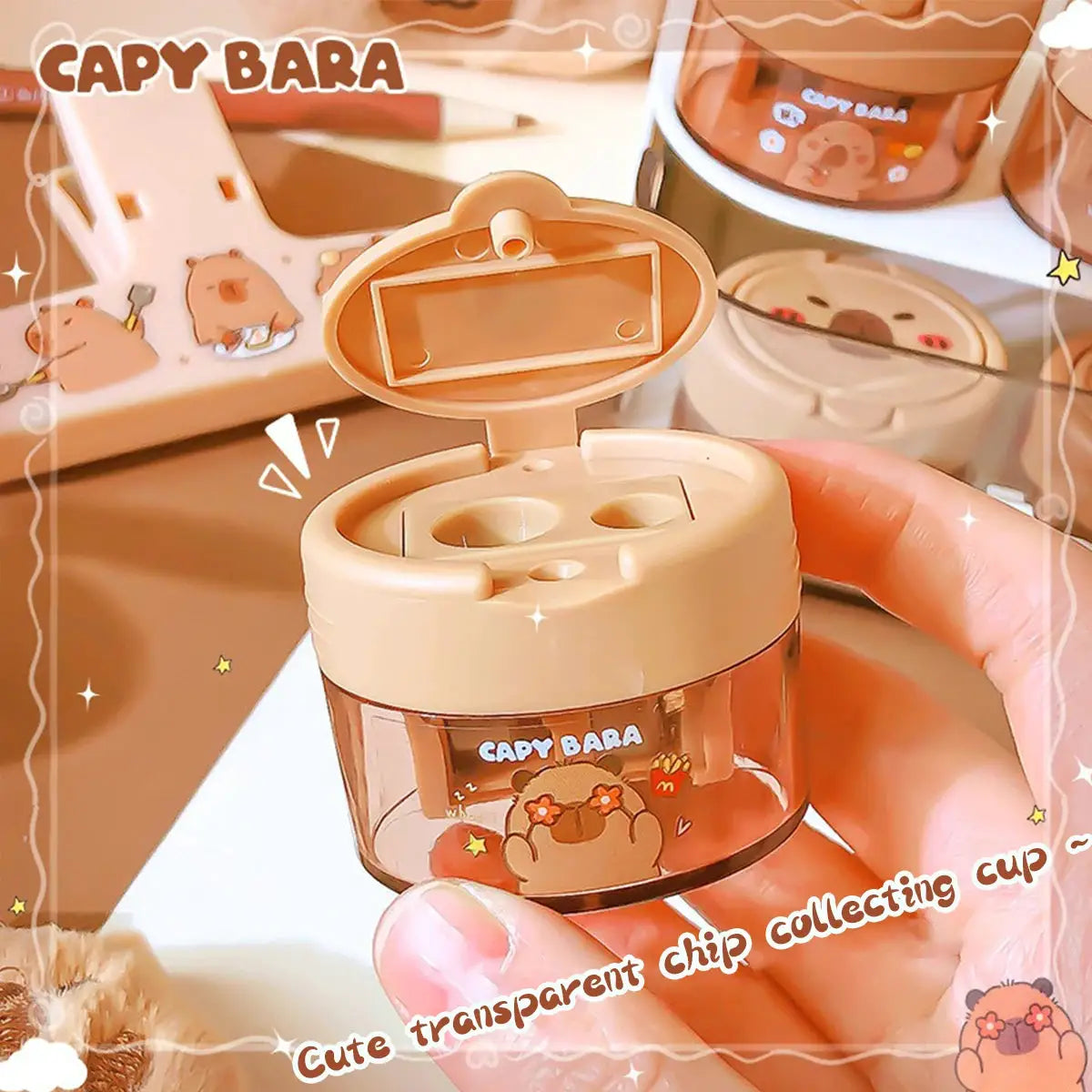 Simples Market capybara cartoon pencil sharpener; flip-top lid, beige translucent body, dual holes.