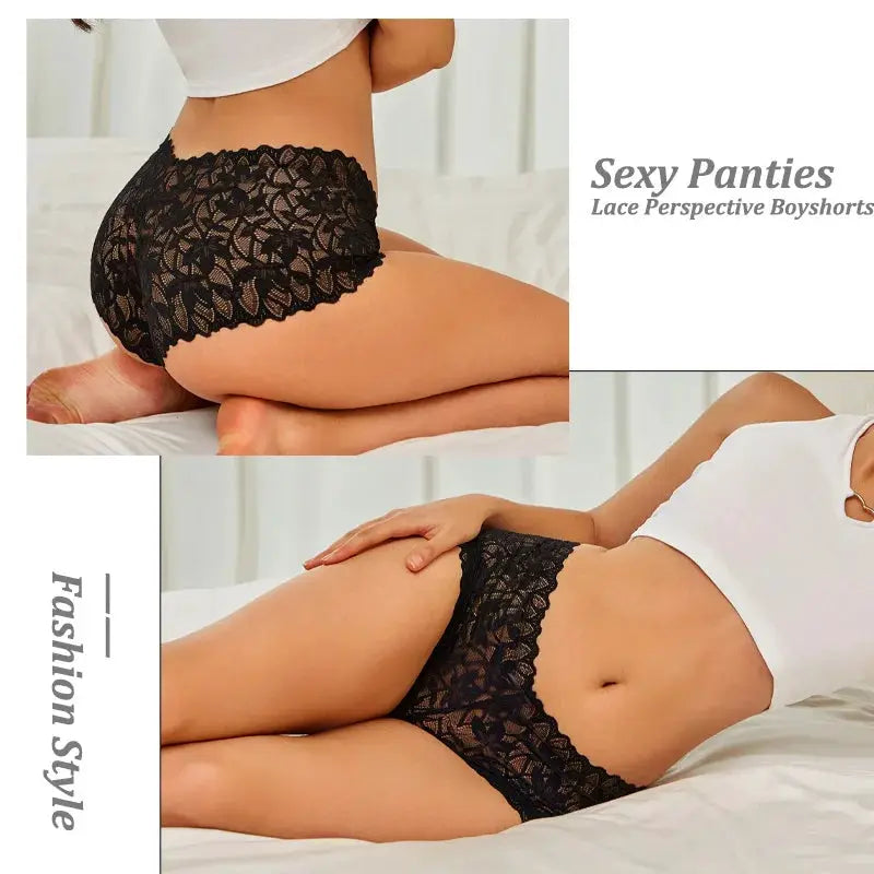 Women's black floral lace panties with V-waist, breathable underwear