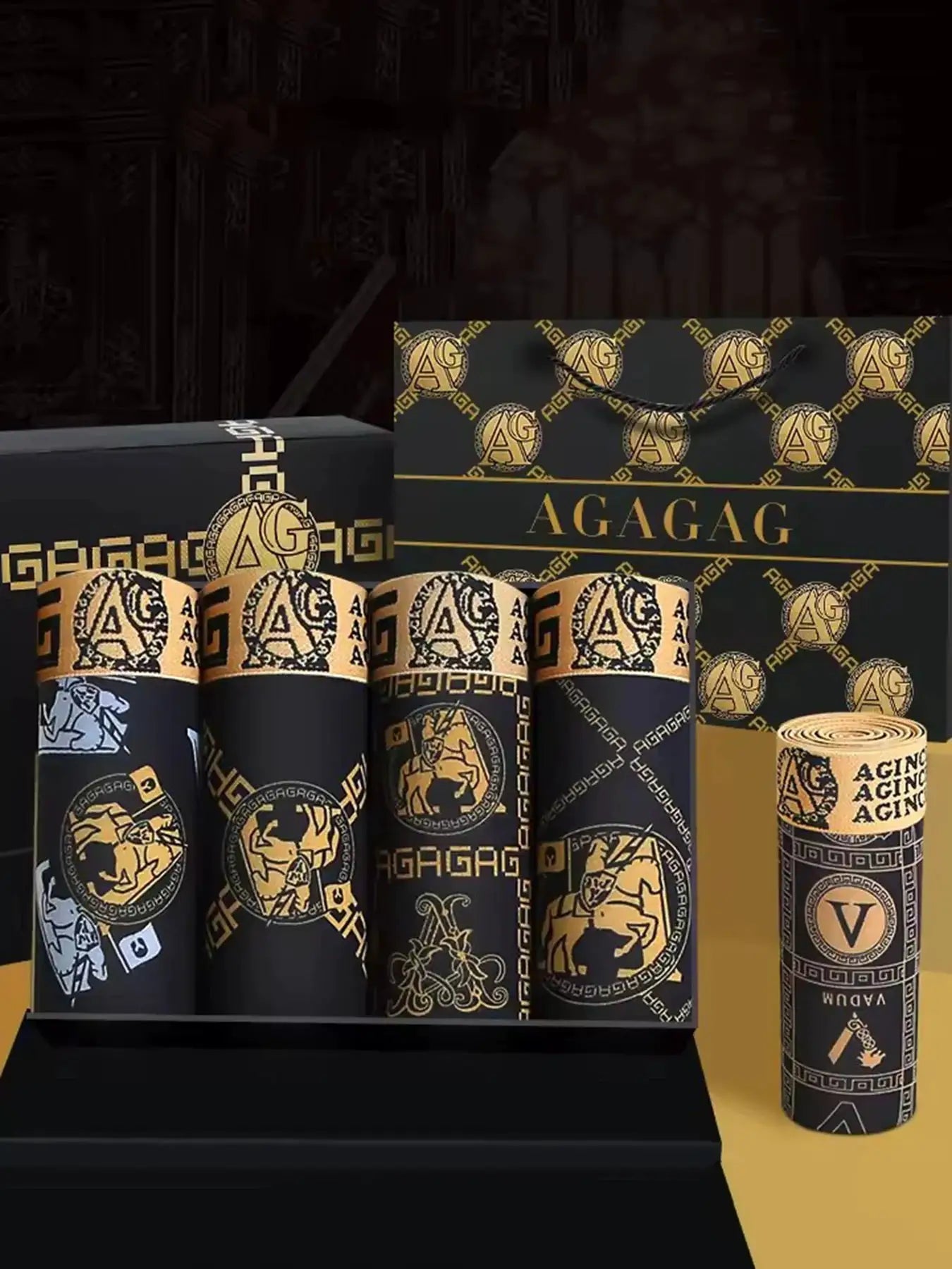 4pc set men's boxer shorts by Simples Market, black with gold AG logos retro print, boxed packaging