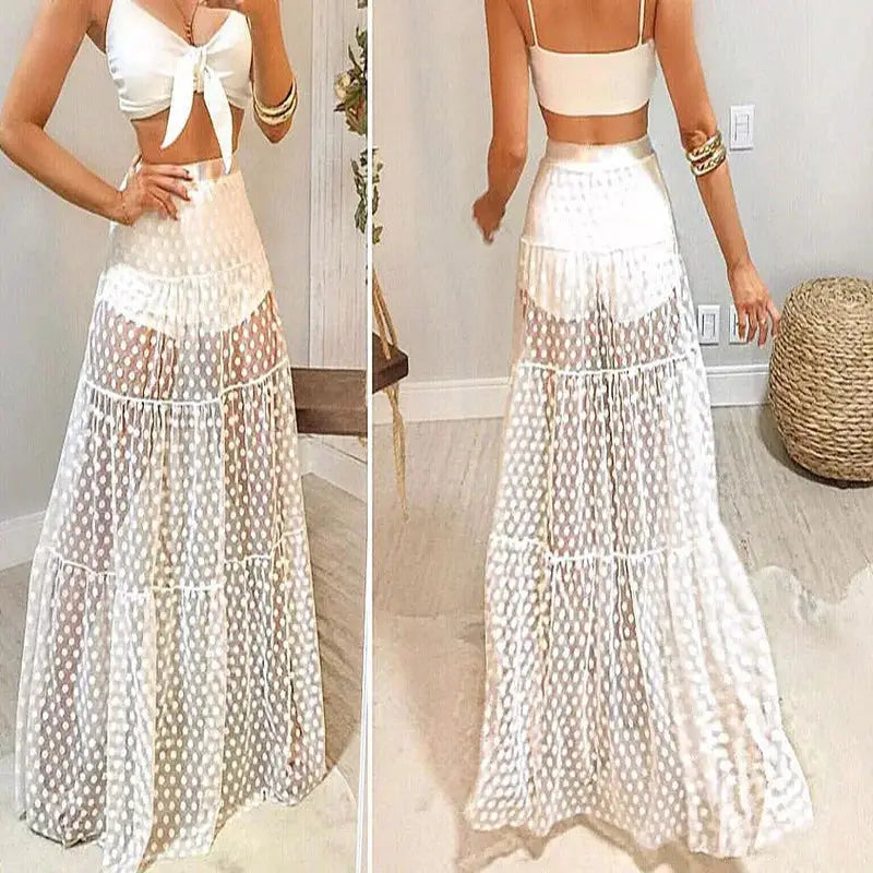 Simples Market Y2K Korean Style mesh polka-dot maxi skirt, high-waist, floor-length, see-through