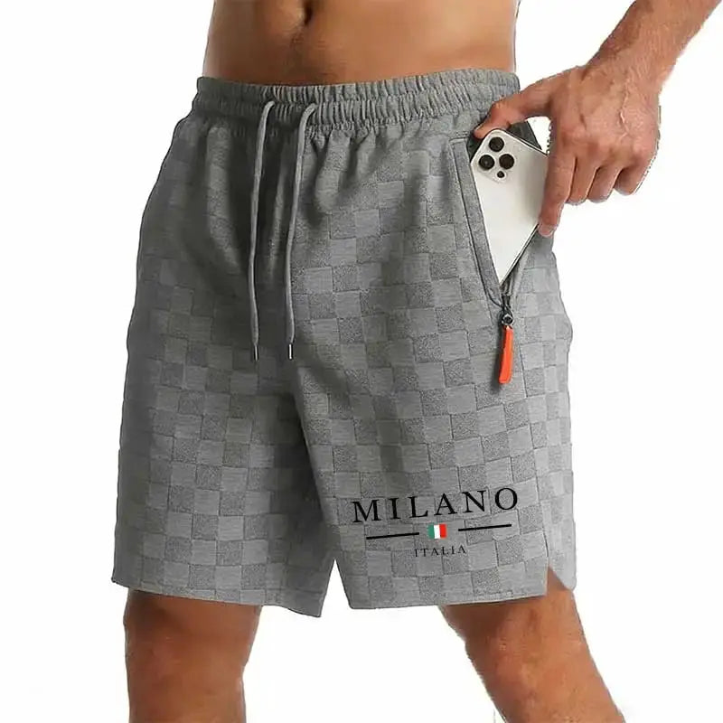 Men's gray checkered shorts with zip pocket, drawstring waist, Milano Italia logo.