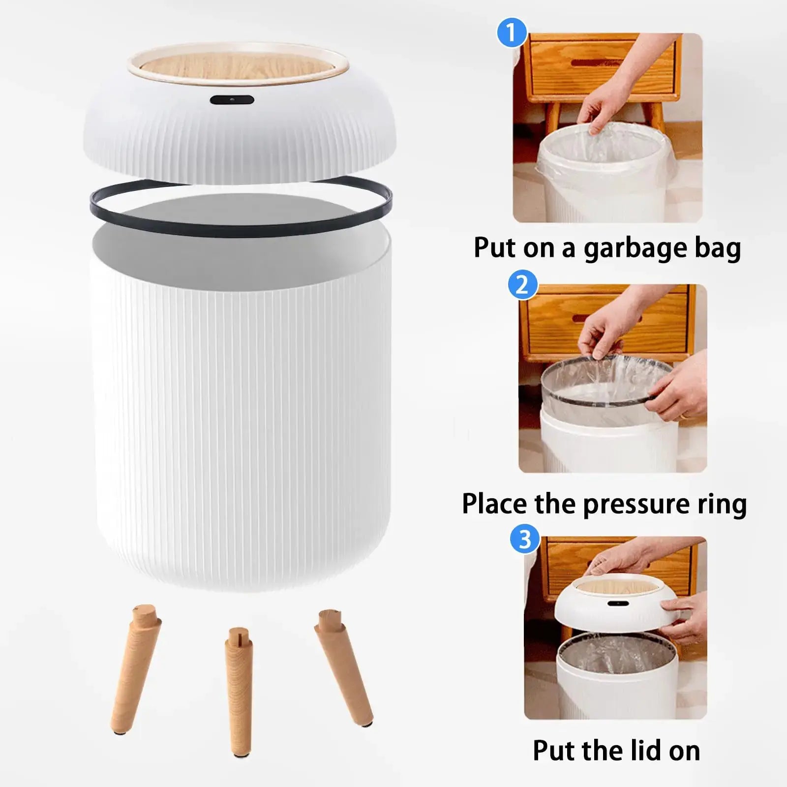 Automatic motion-sensor trash can with lid by Simples Market; small white ribbed plastic bin.