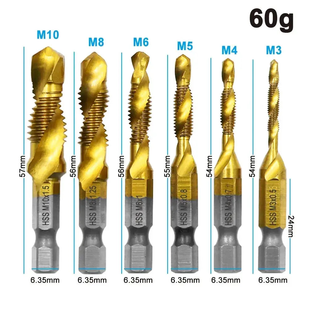 6 Piece High Speed Steel 4341 Titanium Plated Tap Drill And Tap Set With Integrated Tap For Chamfering