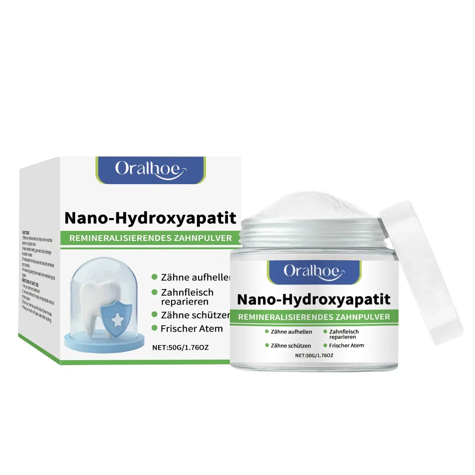 Oralhoe Nano-Hydroxyapatite remineralizing tooth powder box and jar with blue logo and green accents