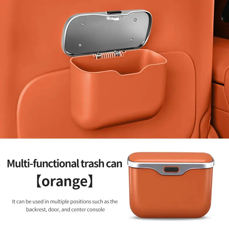 Multifunctional car trash can with lid by Simples Market, orange hanging storage bin for car interior