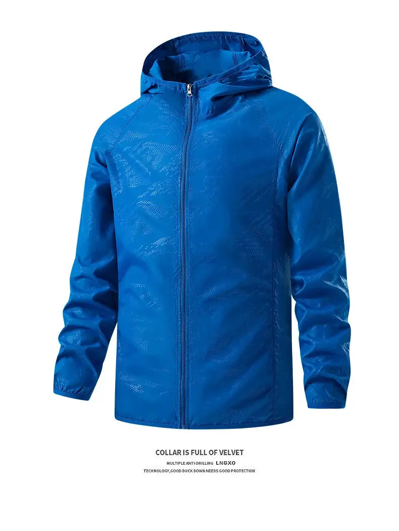 LNGXO blue waterproof hiking jacket with hood, unisex windbreaker by Simples Market