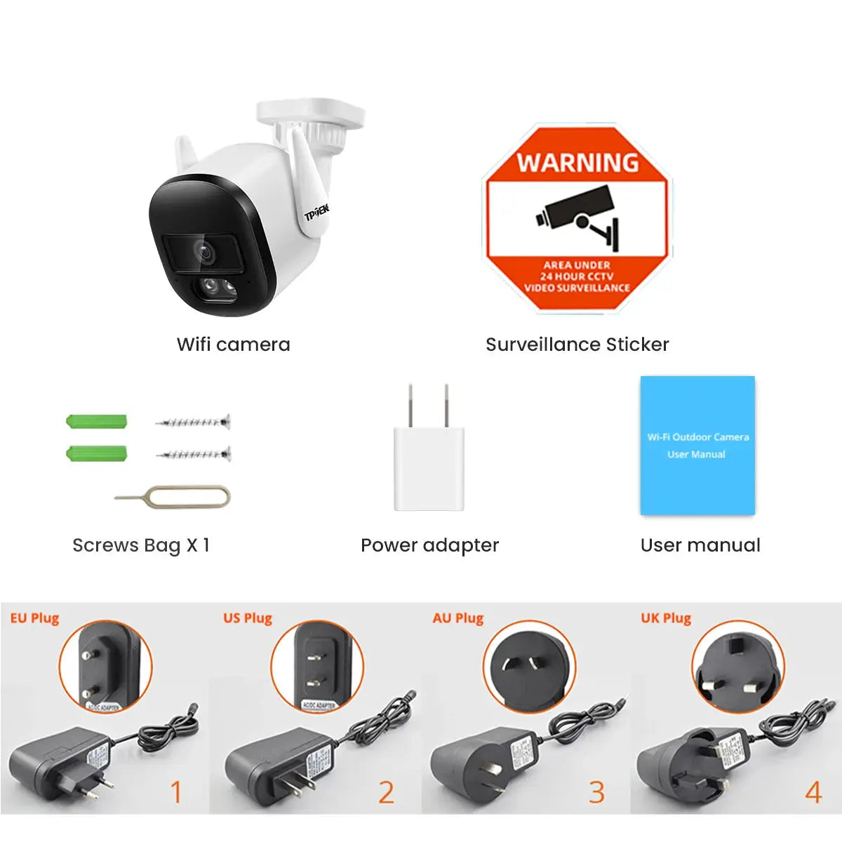 2K 3MP WiFi outdoor camera by TP-Link, white IP66 bullet cam; includes screws, power adapter, manual, sticker