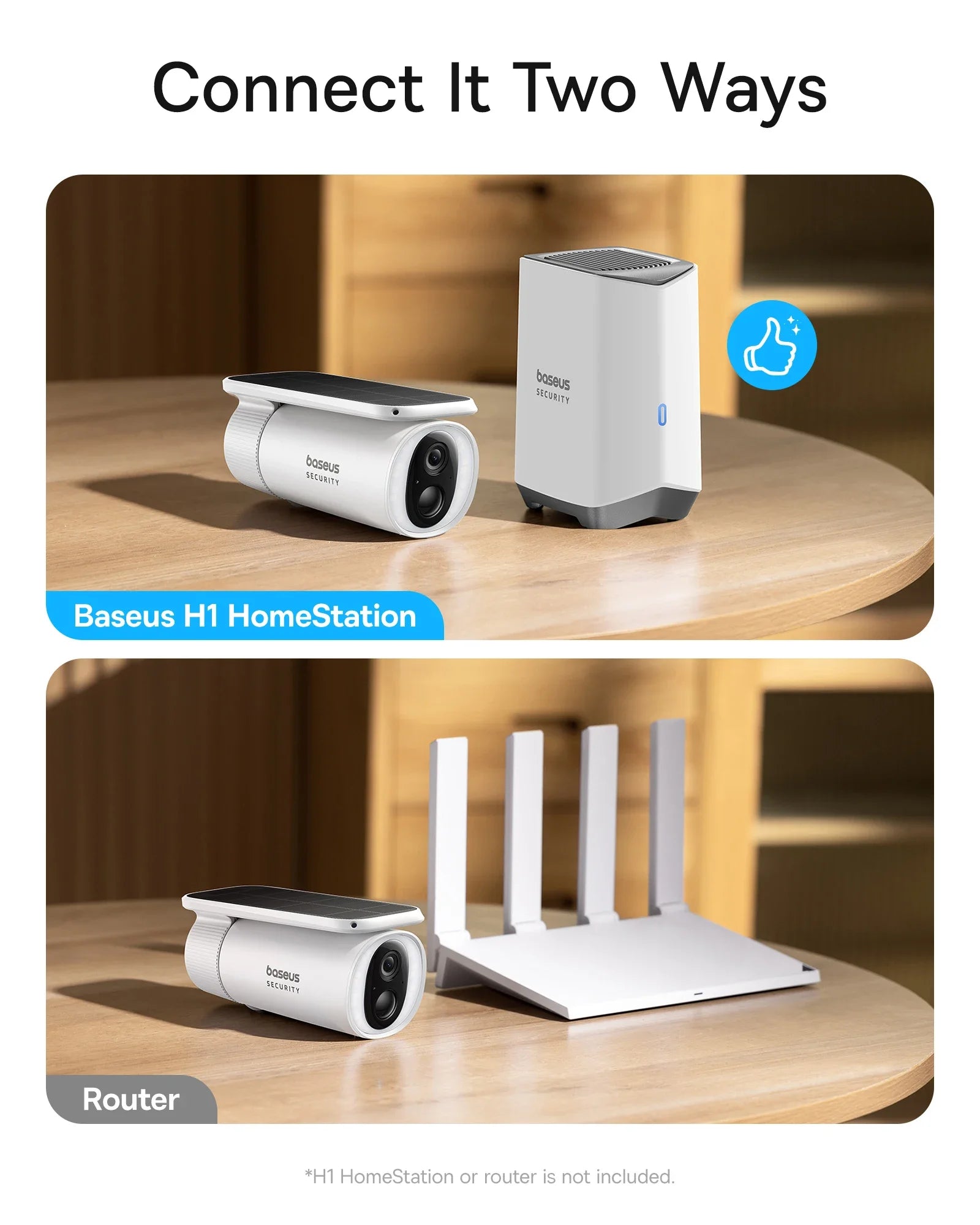 Baseus Security S1 outdoor camera with solar panel alongside Baseus H1 HomeStation router