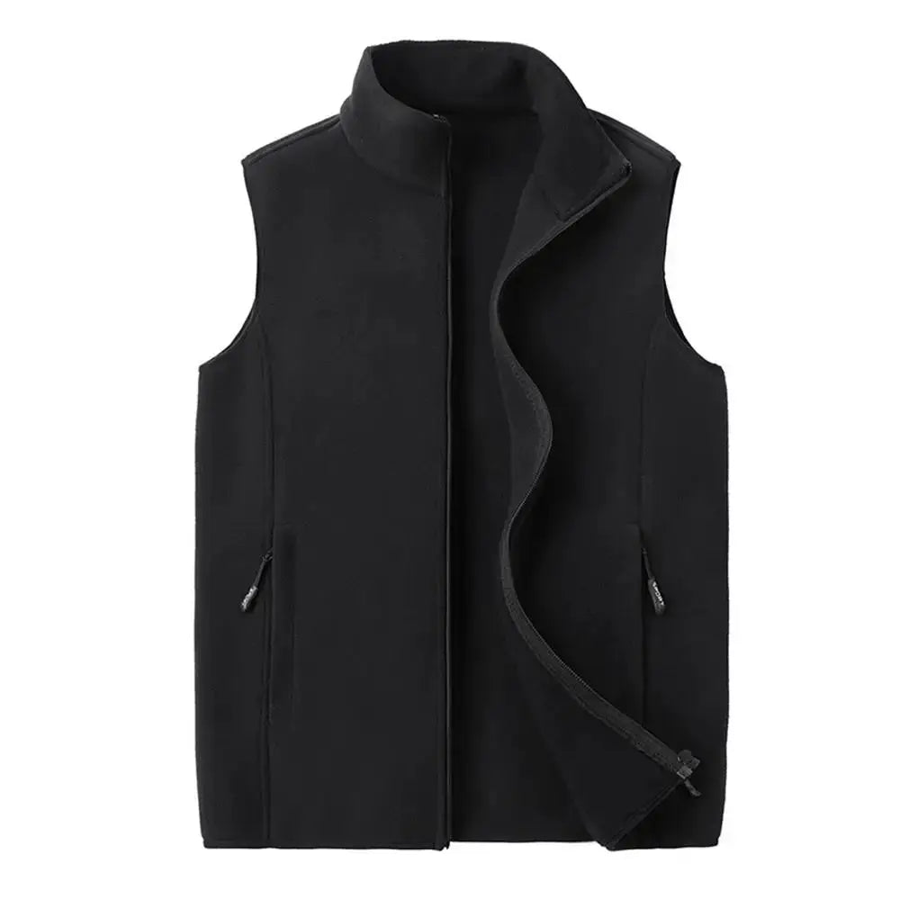 Black fleece sleeveless vest with stand collar and zip pockets
