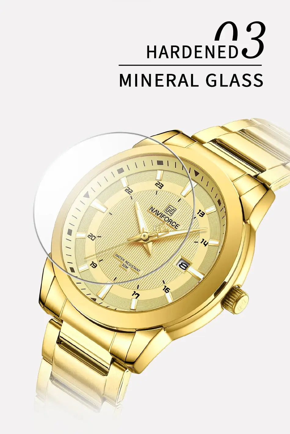 Naviforce men's gold-tone stainless steel strap watch with date display and 30m water resistance