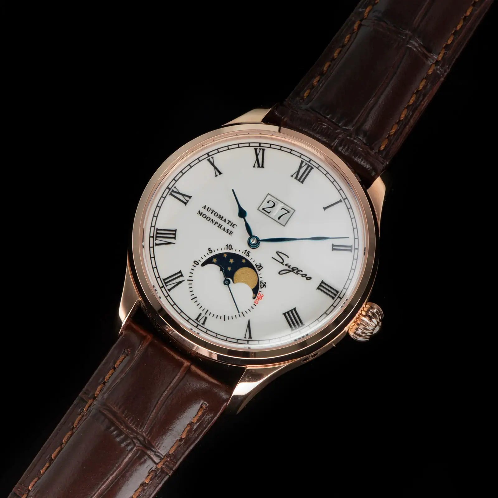 Sugess Tianjin ST25 automatic moonphase men's watch with brown leather strap and rose-gold case.