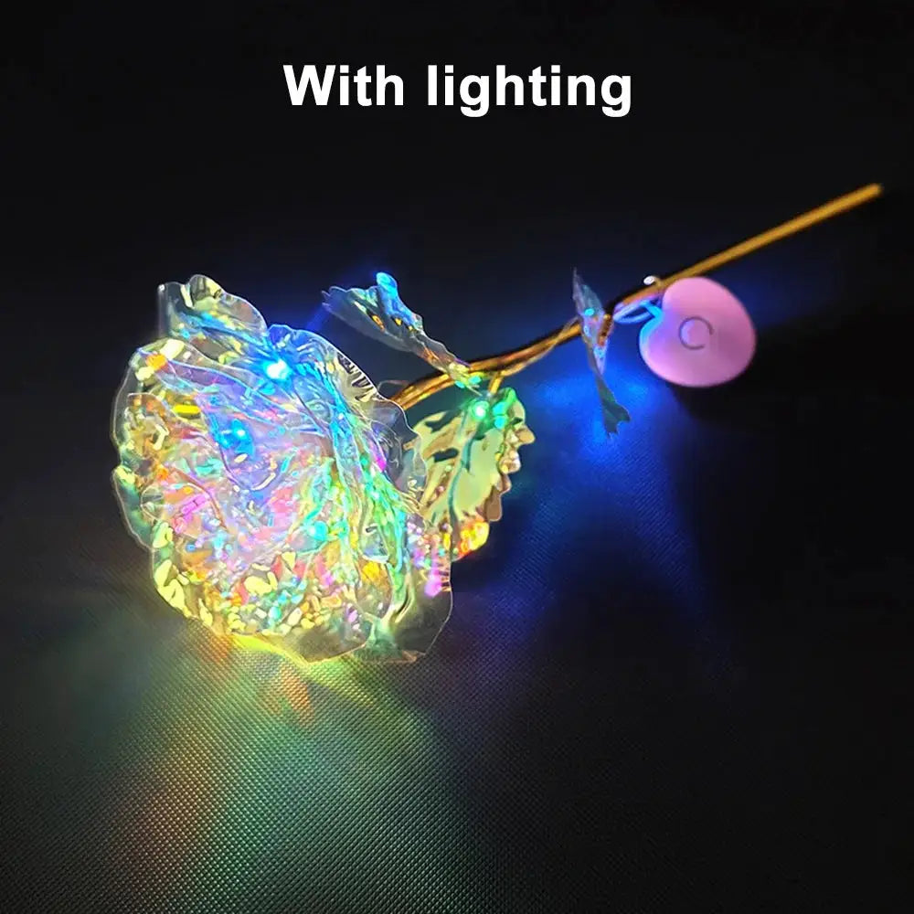 24K foil-plated rose with rainbow iridescent petals and LED lights