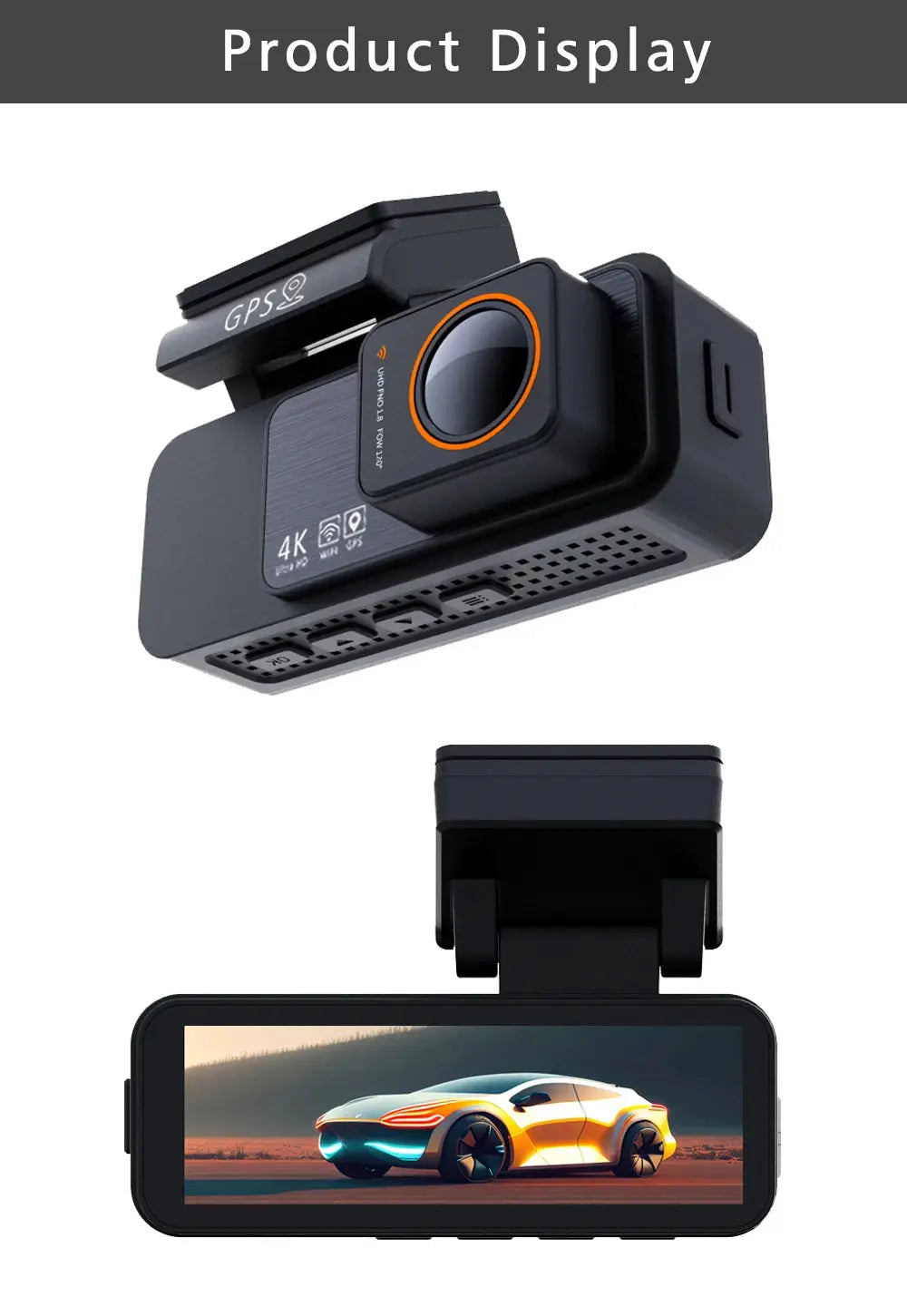 Simples Market dash cam dual-lens 4K UHD front camera with GPS and Wi‑Fi, built-in display, black