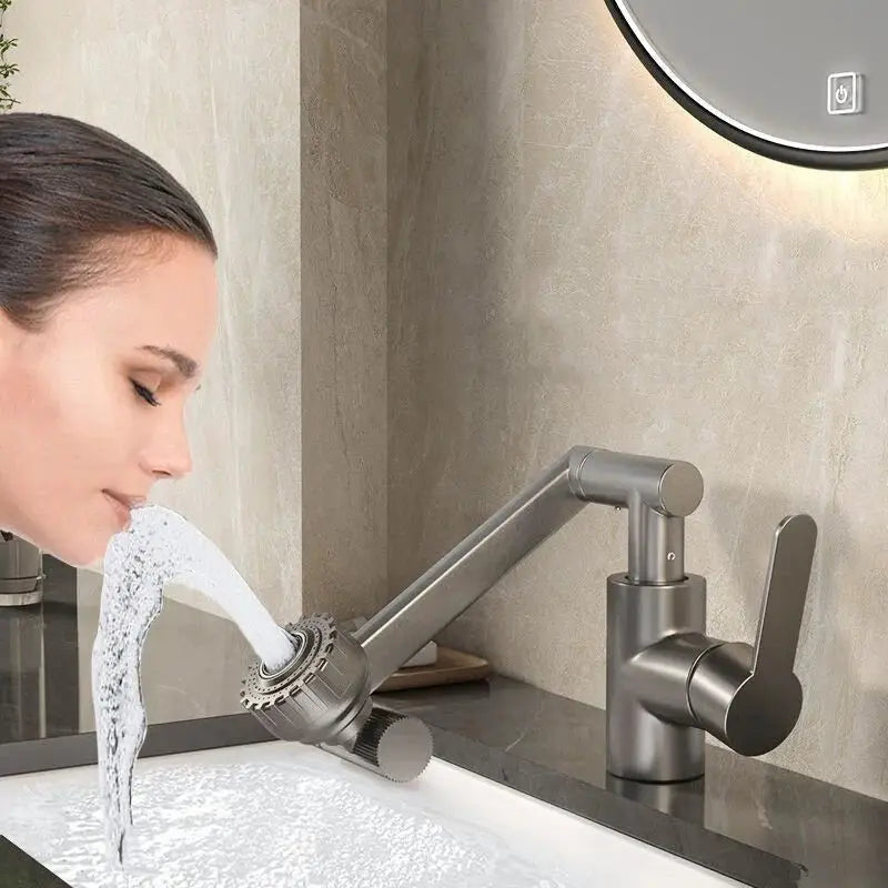 Dual-mode rotating faucet with robotic arm from Simples Market over a stainless steel kitchen sink; hot and cold.