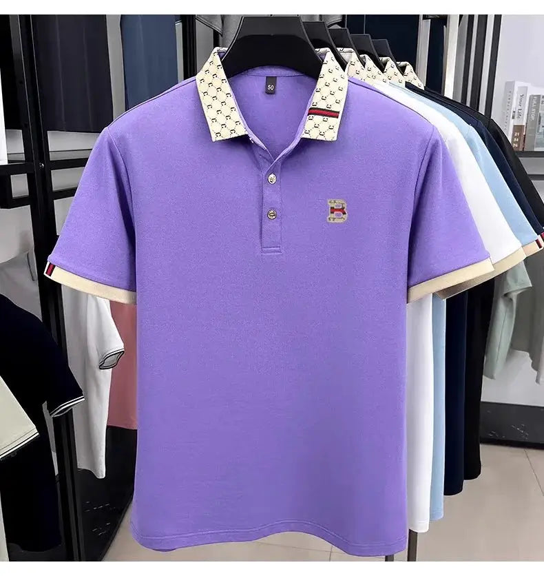 Polo shirt by Simples Market, lavender with beige patterned collar and B logo