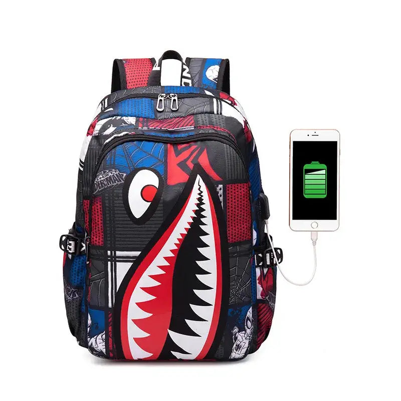 Backpack Simples Market elementary school bookbag with cartoon shark print in red, black, and blue