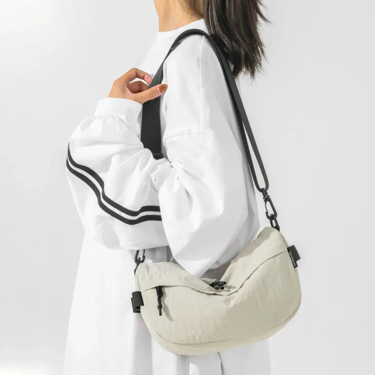 Japanese-style waterproof nylon crossbody bag, beige with black strap, multi-pocket design by Simples Market