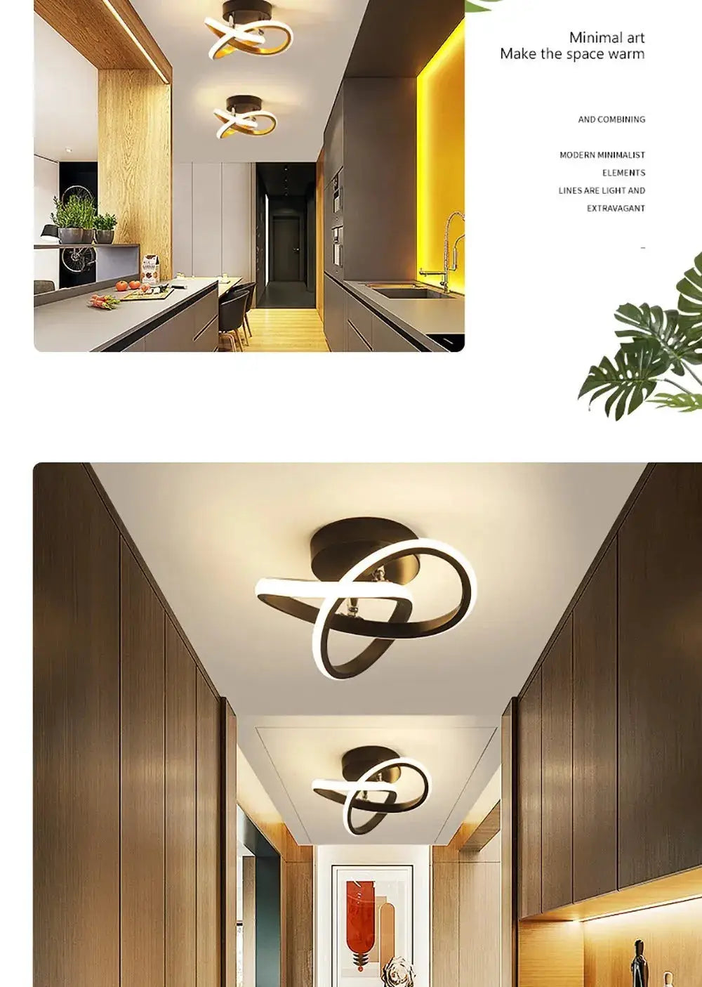LED ceiling lights by Simples Market with black interlocking loops; modern minimalist hall/kitchen décor