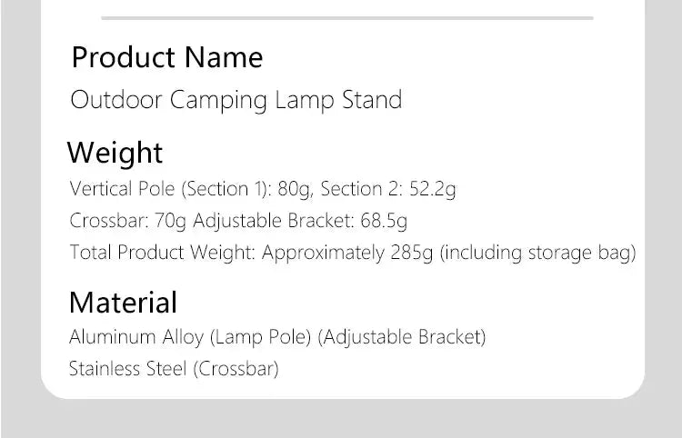 Simples Market TARKA lantern stand, ultralight aluminum alloy pole with adjustable bracket and stainless steel crossbar.