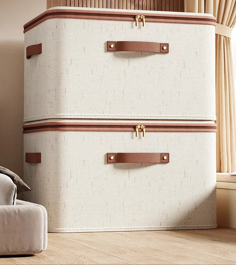 Large Heavy Duty Hard Shell Storage Box Organizer With Lid Cotton Linen Exterior For Clothes Toys And Blankets