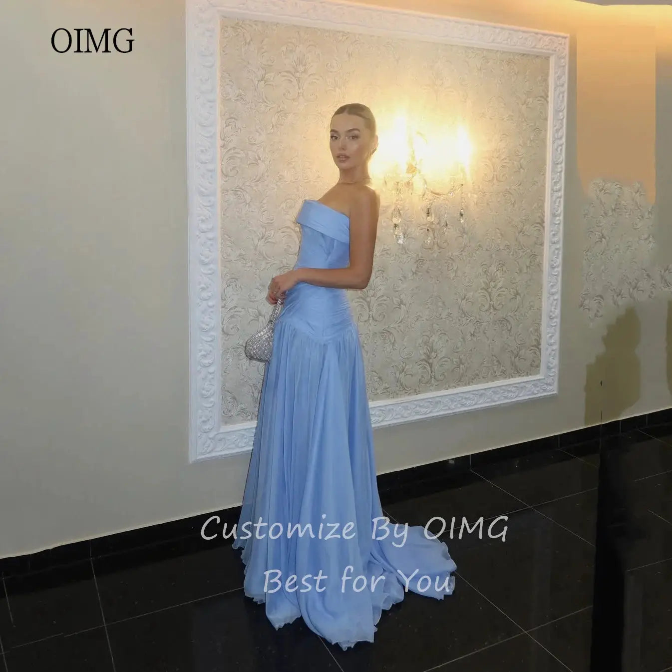 OIMG Maxi Strapless A Line Prom Gown Pleated Floor Length Dress