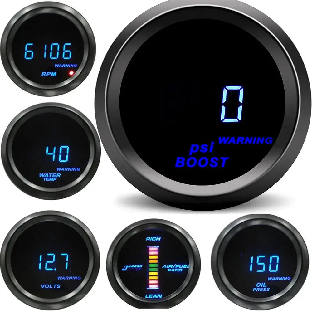 2-inch 52mm digital LED gauge set with blue display from Simples Market, six gauges for oil pressure, water temp, volts, RPM, boost