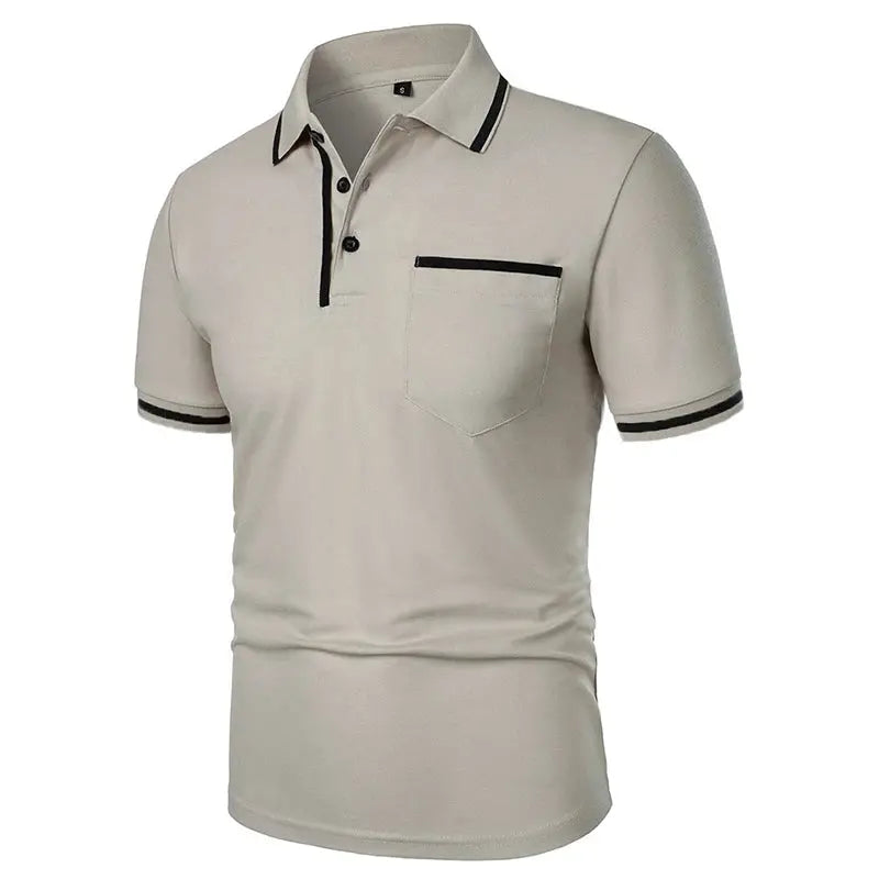 Simples Market men's beige short-sleeve polo with black trim and chest pocket