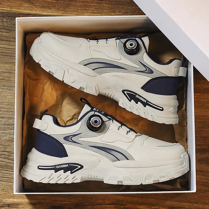 Pair of men's GAISIMA high-top sneakers by Simples Market; white with navy detailing and thick chunky soles in a box